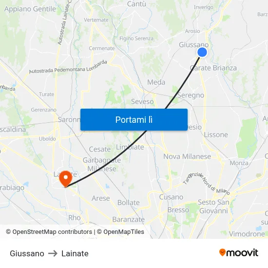 Giussano to Lainate map