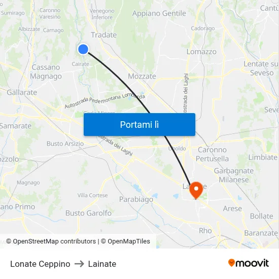 Lonate Ceppino to Lainate map