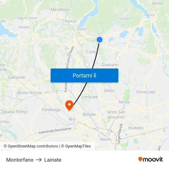 Montorfano to Lainate map