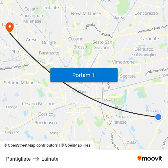 Pantigliate to Lainate map
