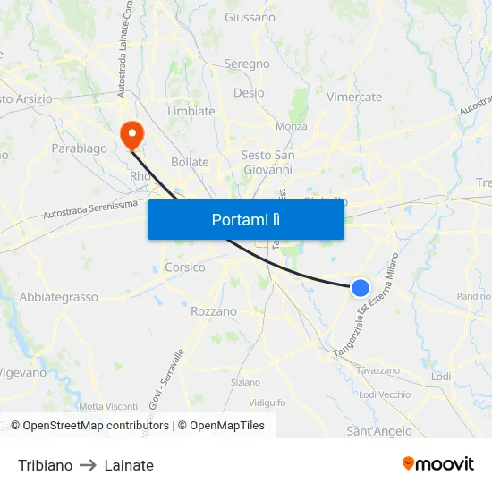 Tribiano to Lainate map