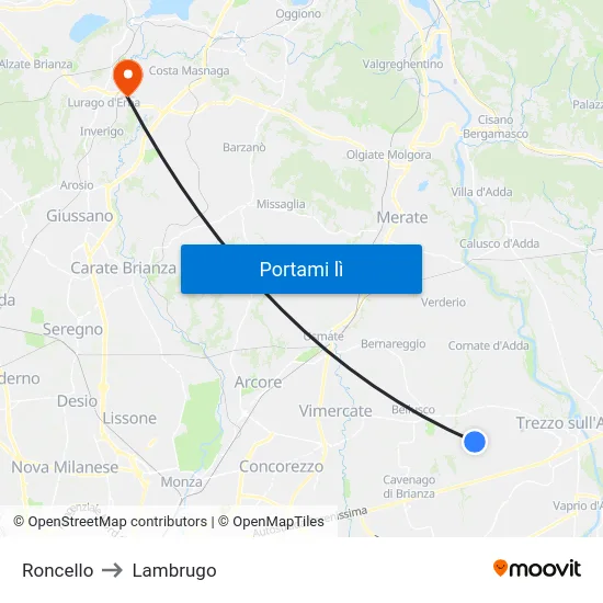 Roncello to Lambrugo map