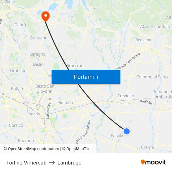 Torlino Vimercati to Lambrugo map