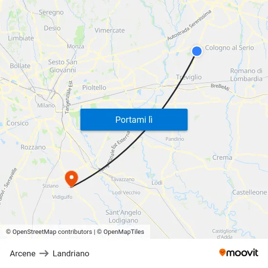 Arcene to Landriano map