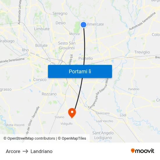 Arcore to Landriano map