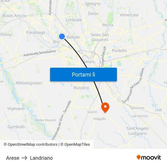 Arese to Landriano map