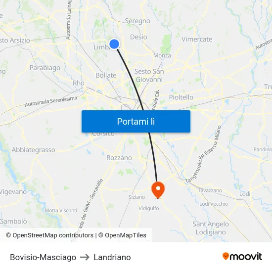 Bovisio-Masciago to Landriano map