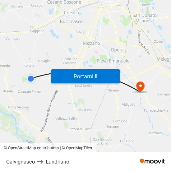 Calvignasco to Landriano map