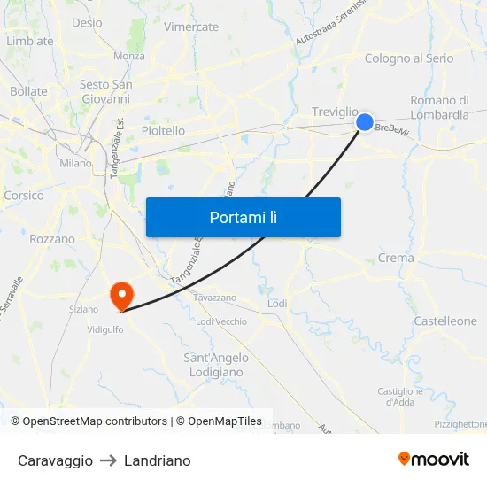 Caravaggio to Landriano map