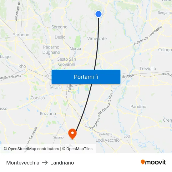 Montevecchia to Landriano map