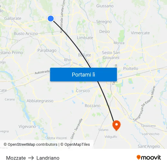 Mozzate to Landriano map