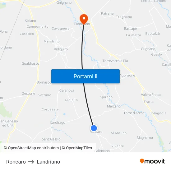 Roncaro to Landriano map