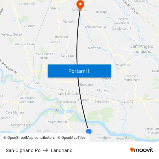 San Cipriano Po to Landriano map