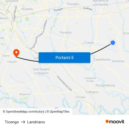 Ticengo to Landriano map