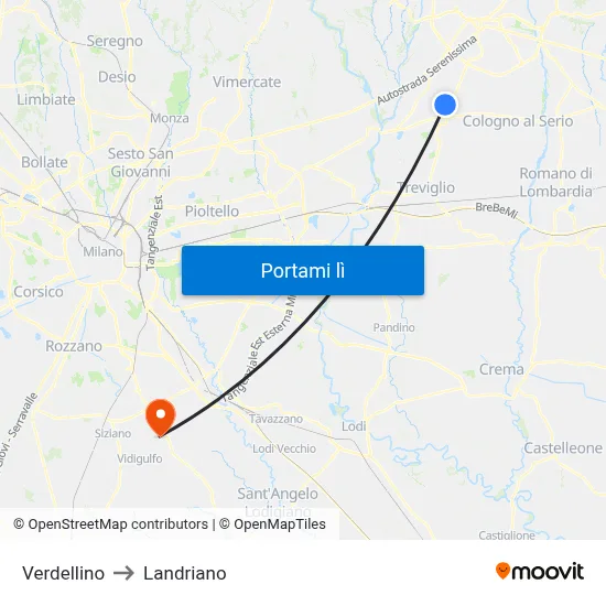 Verdellino to Landriano map