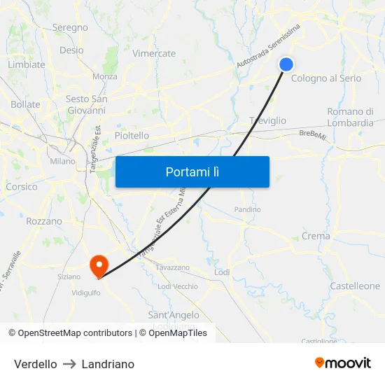 Verdello to Landriano map
