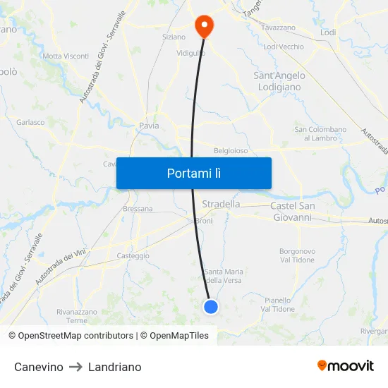 Canevino to Landriano map