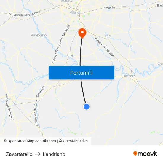 Zavattarello to Landriano map