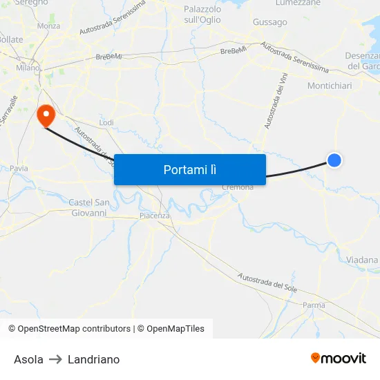 Asola to Landriano map