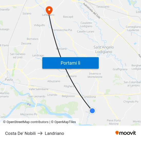 Costa De' Nobili to Landriano map