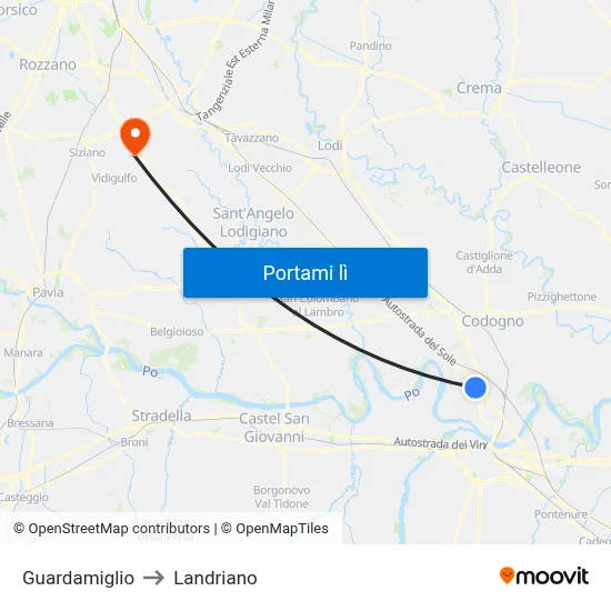 Guardamiglio to Landriano map