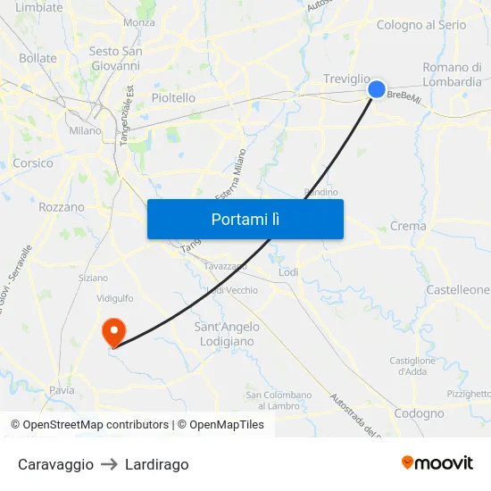 Caravaggio to Lardirago map