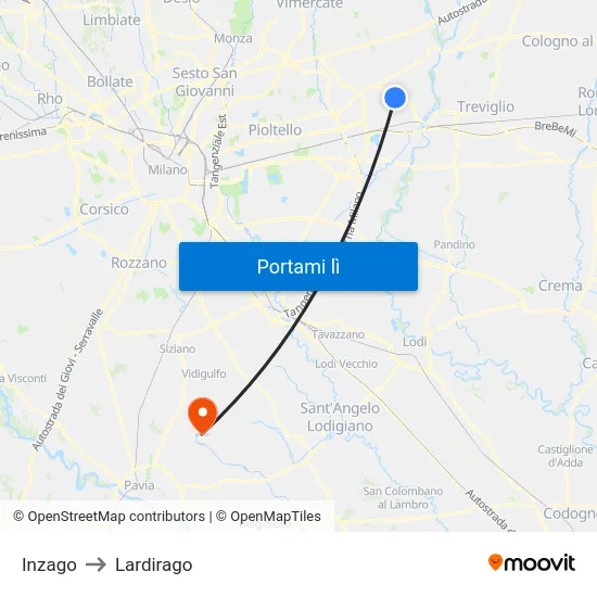 Inzago to Lardirago map