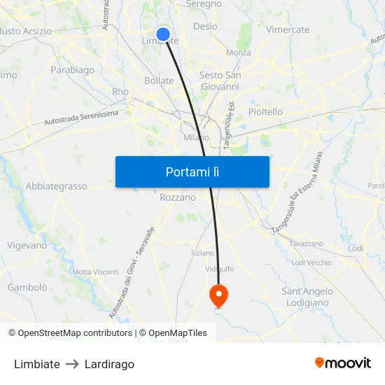 Limbiate to Lardirago map