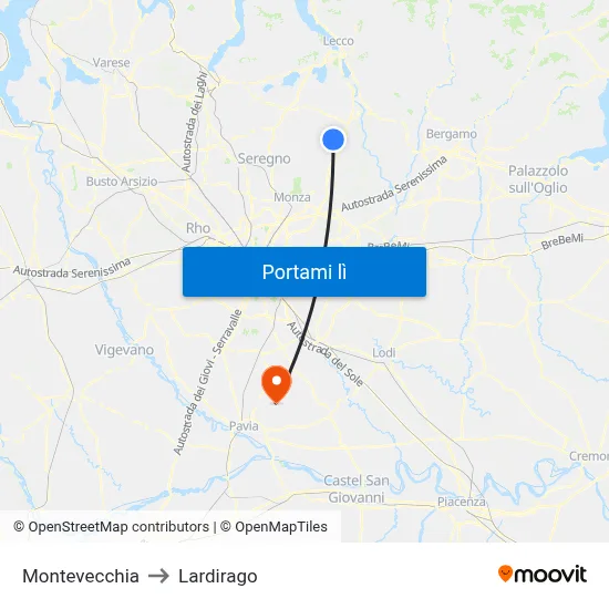 Montevecchia to Lardirago map