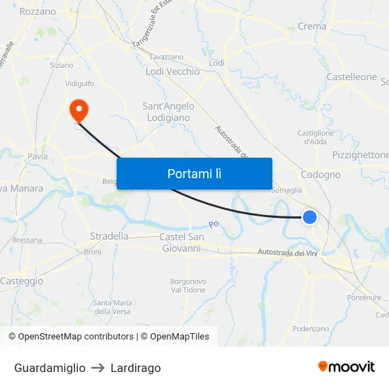 Guardamiglio to Lardirago map