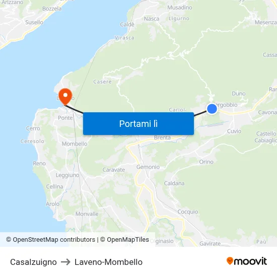 Casalzuigno to Laveno-Mombello map