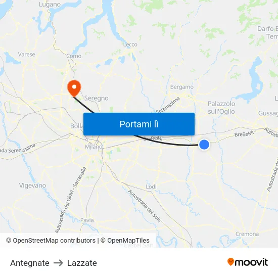 Antegnate to Lazzate map