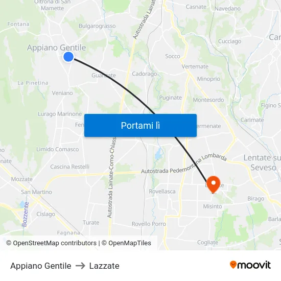 Appiano Gentile to Lazzate map
