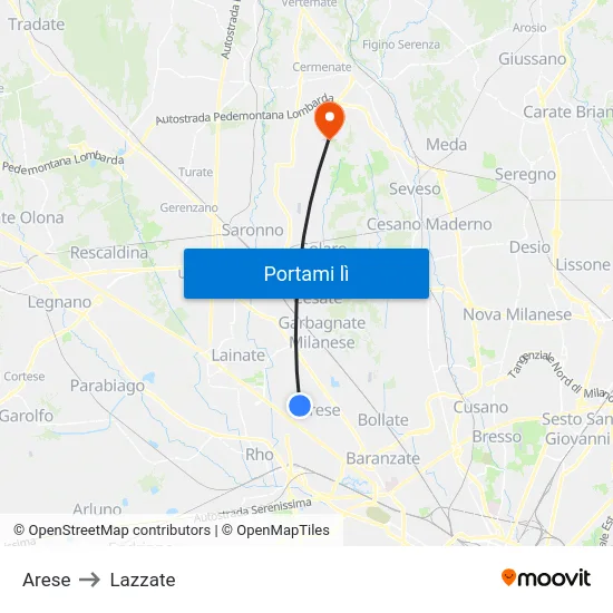 Arese to Lazzate map
