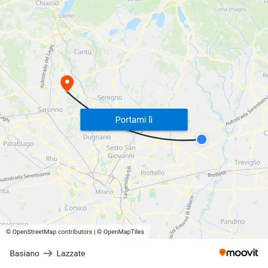 Basiano to Lazzate map