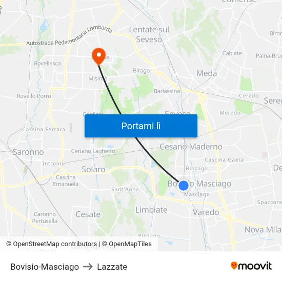 Bovisio-Masciago to Lazzate map
