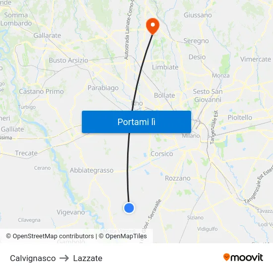 Calvignasco to Lazzate map