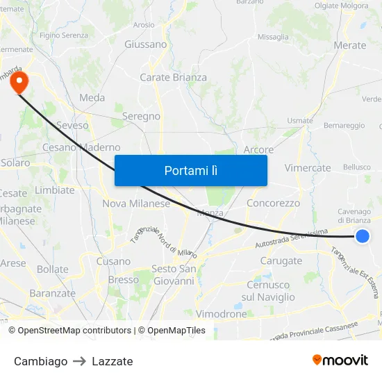 Cambiago to Lazzate map