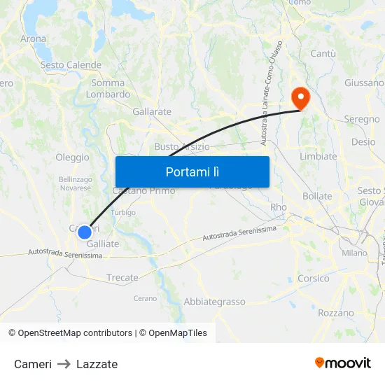 Cameri to Lazzate map