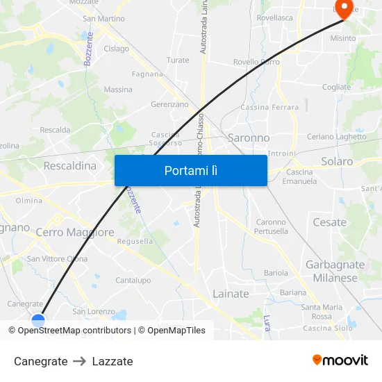 Canegrate to Lazzate map