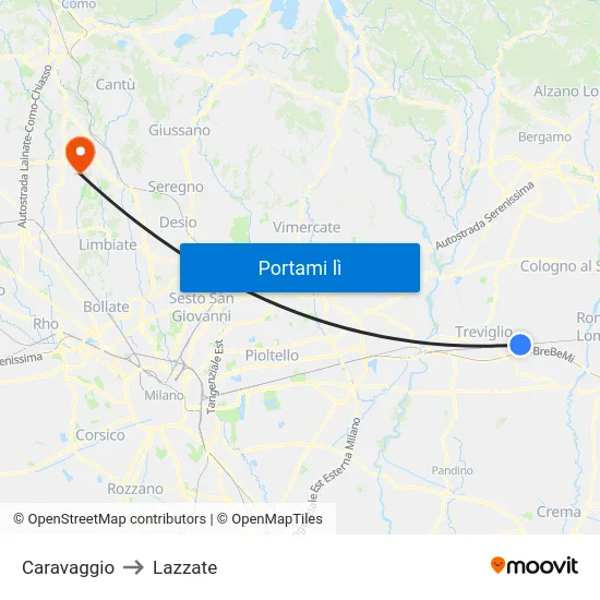 Caravaggio to Lazzate map