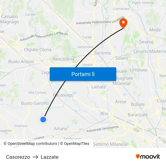 Casorezzo to Lazzate map