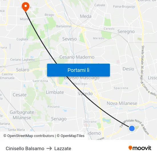 Cinisello Balsamo to Lazzate map