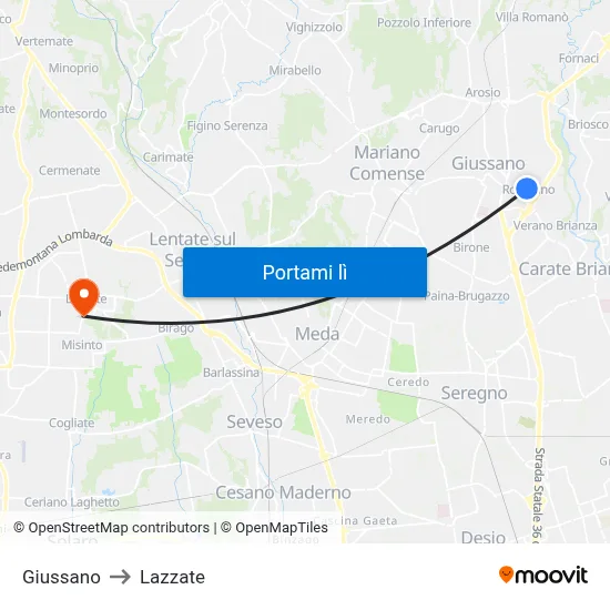 Giussano to Lazzate map