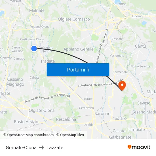 Gornate-Olona to Lazzate map