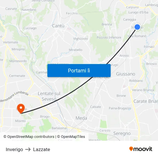 Inverigo to Lazzate map