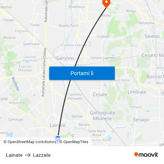 Lainate to Lazzate map