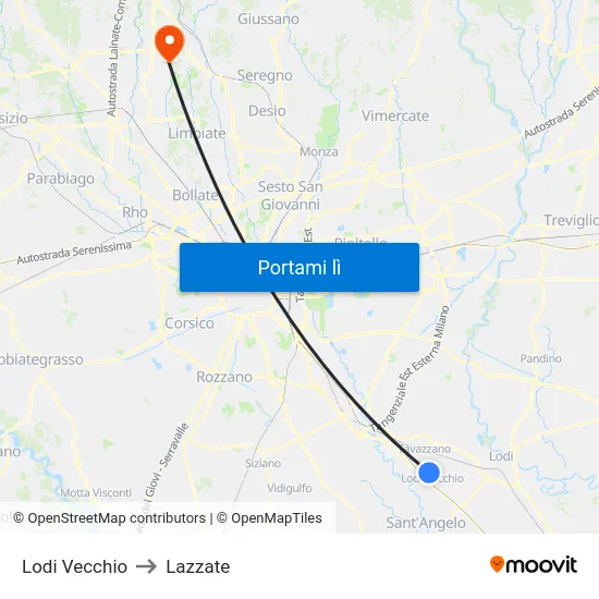 Lodi Vecchio to Lazzate map