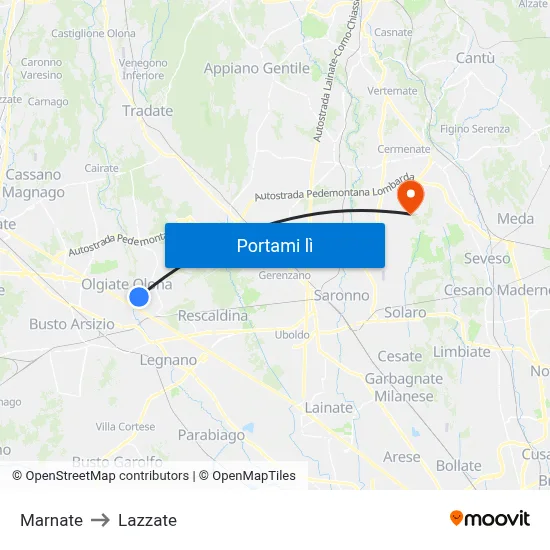 Marnate to Lazzate map