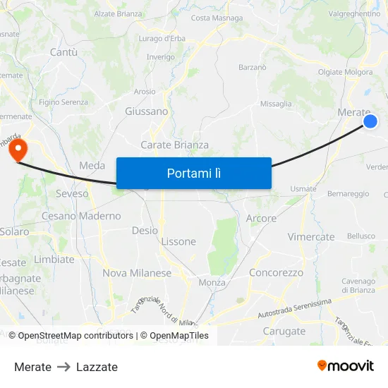 Merate to Lazzate map
